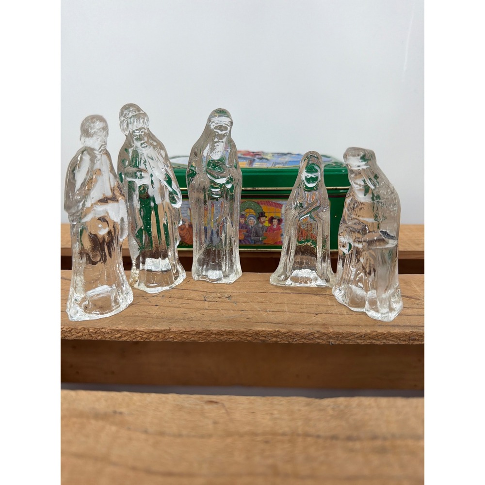 Vintage Clear Ice Glass Nativity Set 5 Piece Wise Men Mary‎ Joseph Figurines
